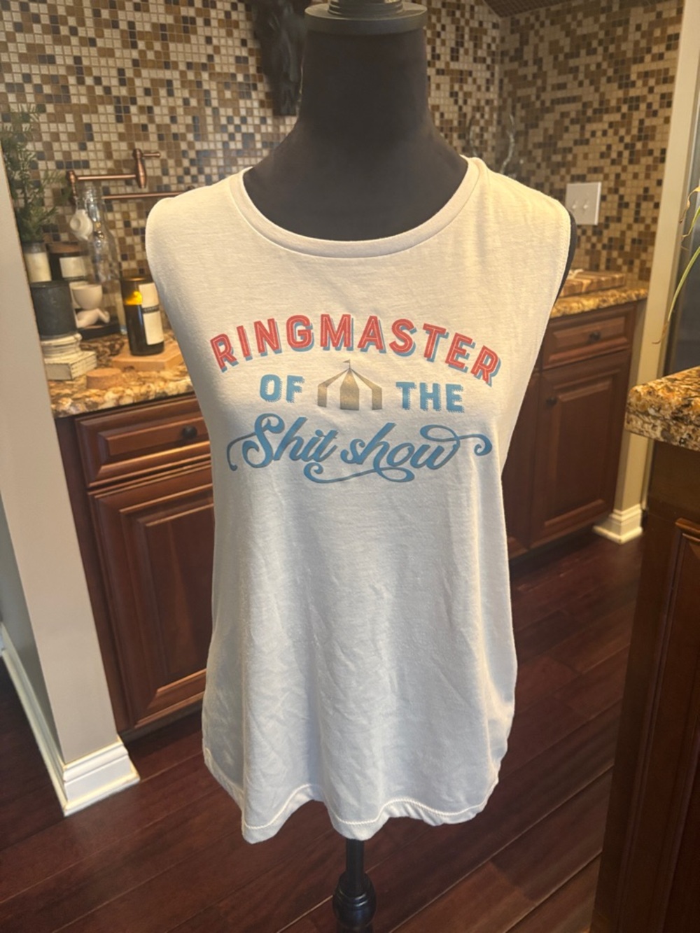 Bella Canvas White Muscle Tank with Red & Blue Circus Graphic